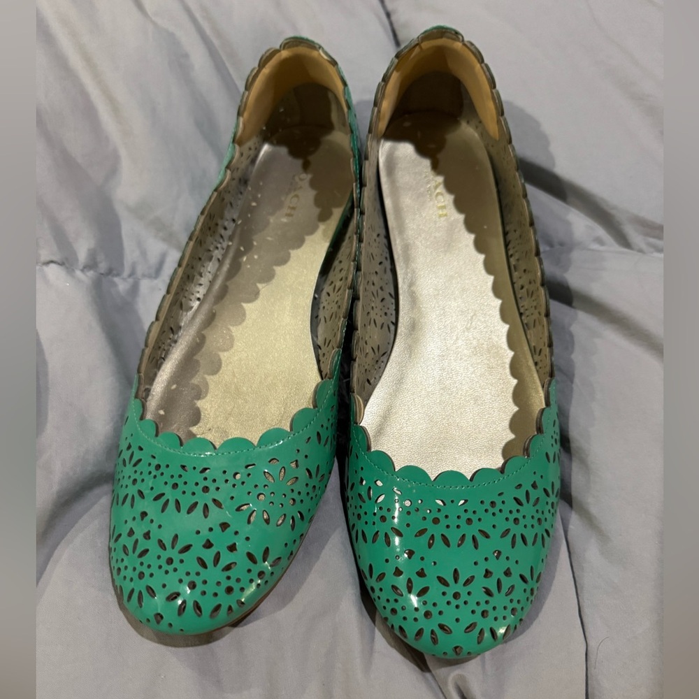 Coach Green Scalloped Laser-Cut Ballet Flats